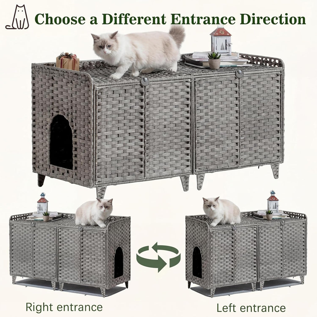 Garvee Double Litter Box Enclosure Furniture, Handwoven Rattan Litter Box Furniture for 2 Cats with Washable Litters Mat & 2 Hooks, Hidden Kitty Cat House for Living Room/Bedroom, Gray