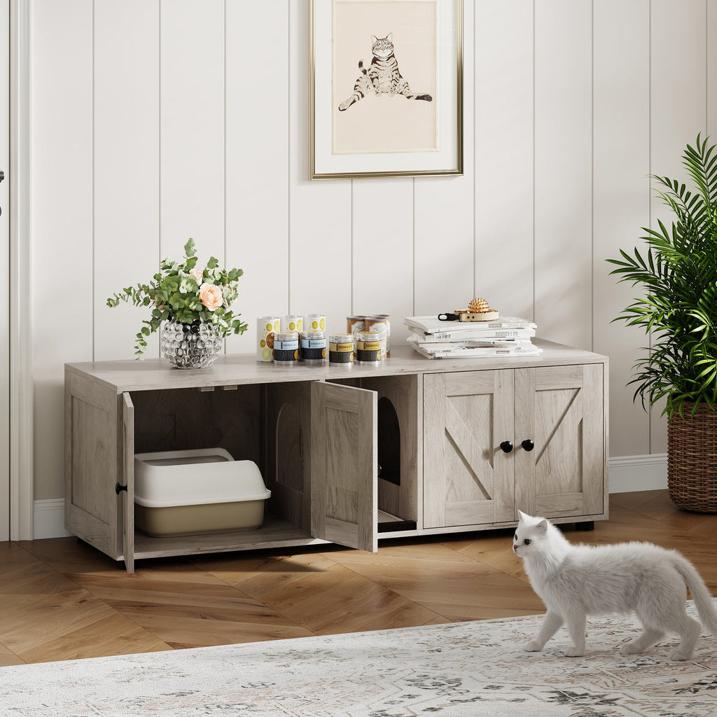 Garvee Cat Litter Box Enclosure for 2 Cats, Hidden Litter Box Furniture Cabinet with Double Room, Double Cat Litter Box Enclosure, Indoor Cat House, 43.4 x 18.1 x 17.7 Inches