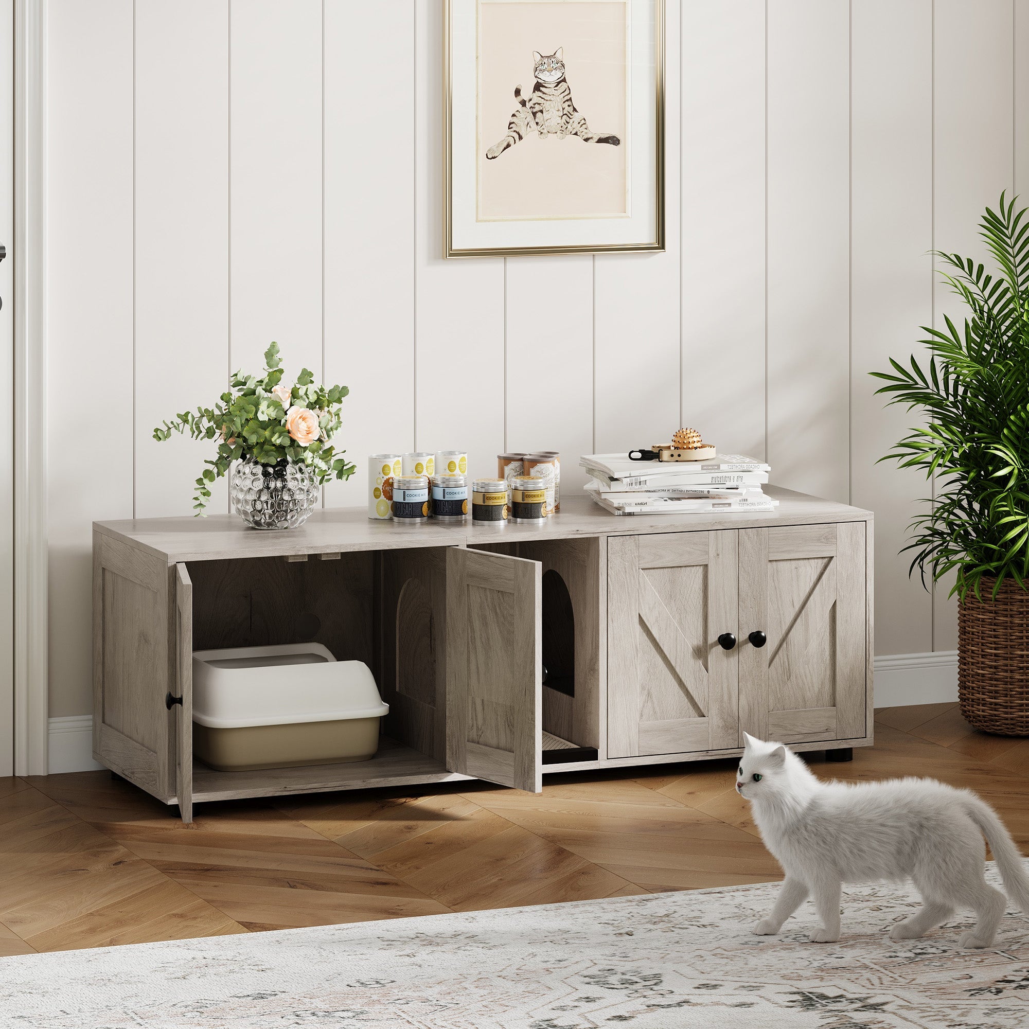 Garvee Cat Litter Box Enclosure for 2 Cats, Hidden Litter Box Furniture Cabinet with Double Room, Double Cat Litter Box Enclosure, Indoor Cat House, 43.4 x 18.1 x 17.7 Inches