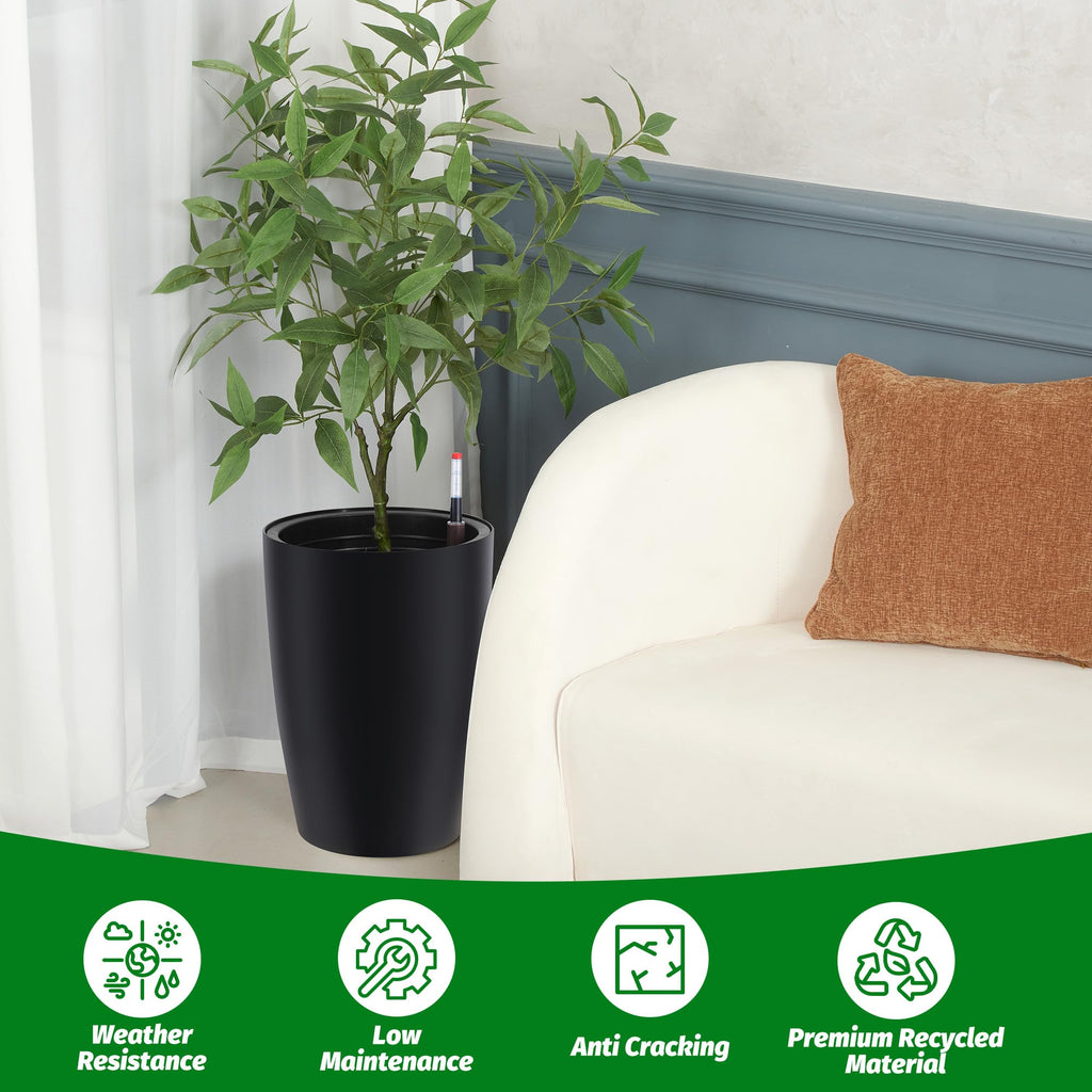Garvee Self-Watering Tall Planters for Indoor and Outdoor Use, 2-Pack 16-Inch Black Plastic Pots with 2 Water Gauges and Built-In Drainage