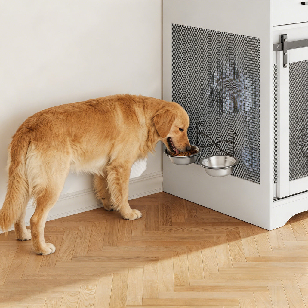Garvee Multi-Functional Dog Crate Furniture for Medium/Large Dogs – 71'' Indoor Kennel Cage with 4 Sliding Doors, 4 Drawers & Feeding Bowls – Furniture-Style, Walnut & White – US Spec, Color: Walnut+White