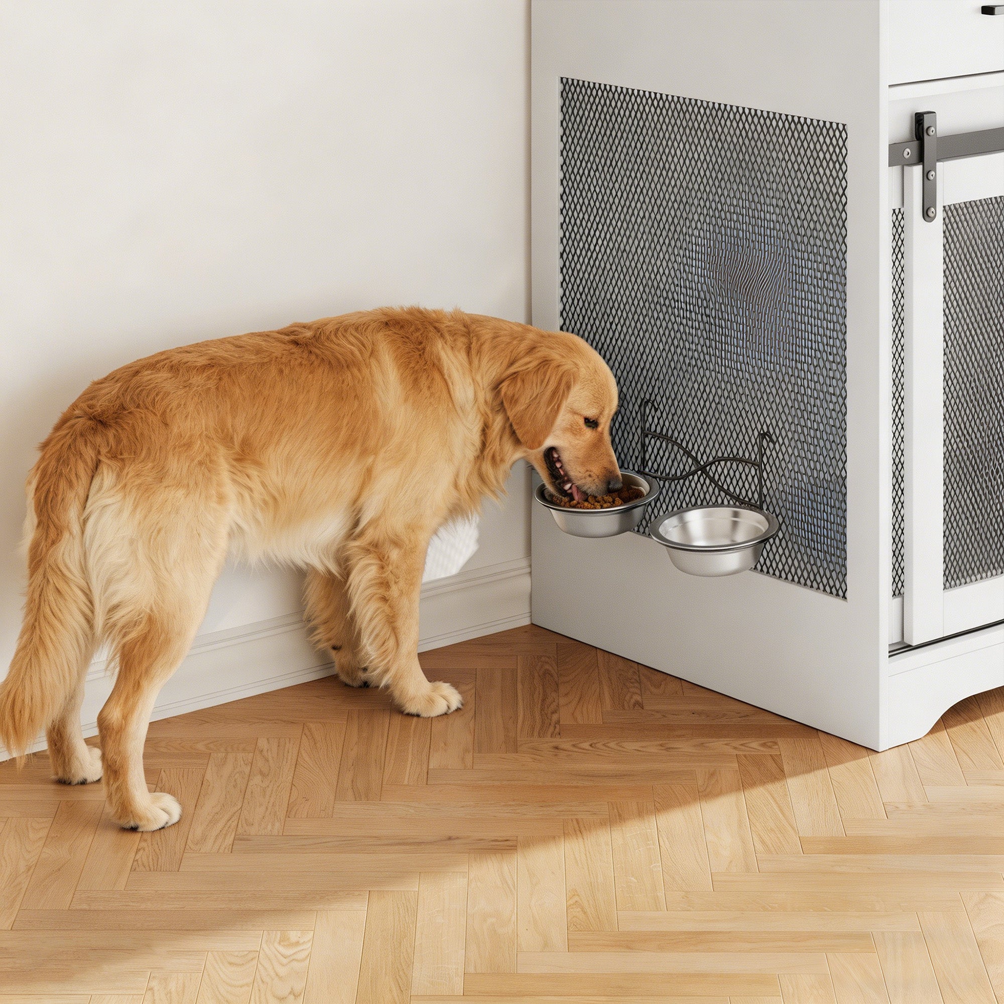 Garvee Multi-Functional Dog Crate Furniture for Medium/Large Dogs – 71'' Indoor Kennel Cage with 4 Sliding Doors, 4 Drawers & Feeding Bowls – Furniture-Style, Walnut & White – US Spec, Color: Walnut+White