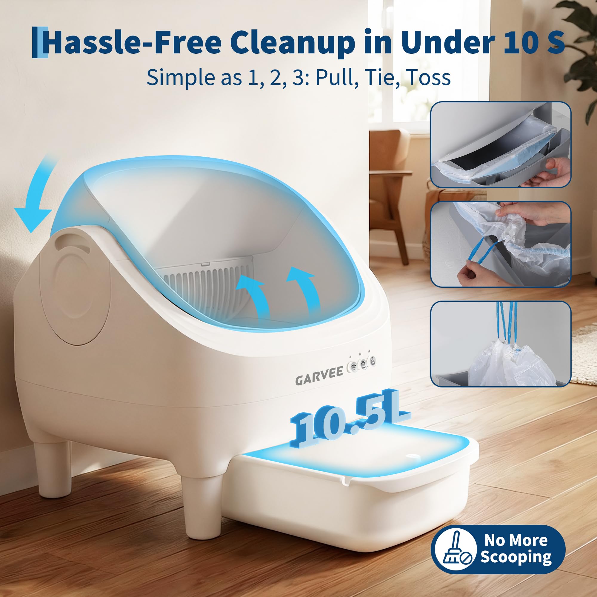 Garvee Self-Cleaning Cat Litter Box with App Control, Automatic Litter Box with Odor-Free 10.5L Bin, Whisper-Quiet, 7-Layer Safety, Open-Top Design for Large & Multiple Cats, White