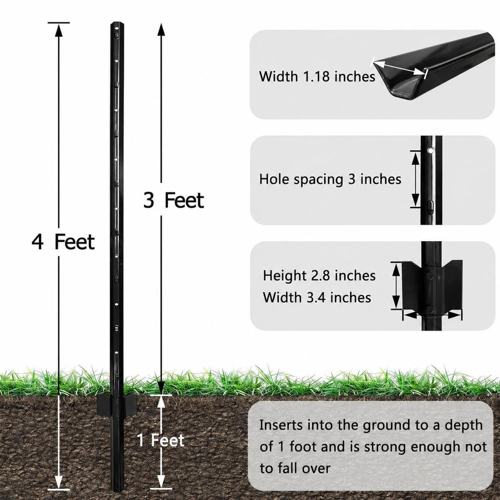 Garvee 4Ft U-Channel Metal Fence Posts, Heavy Duty Steel Garden Stakes with Anchor Plates for Outdoor Yard, Black, 10-Pack