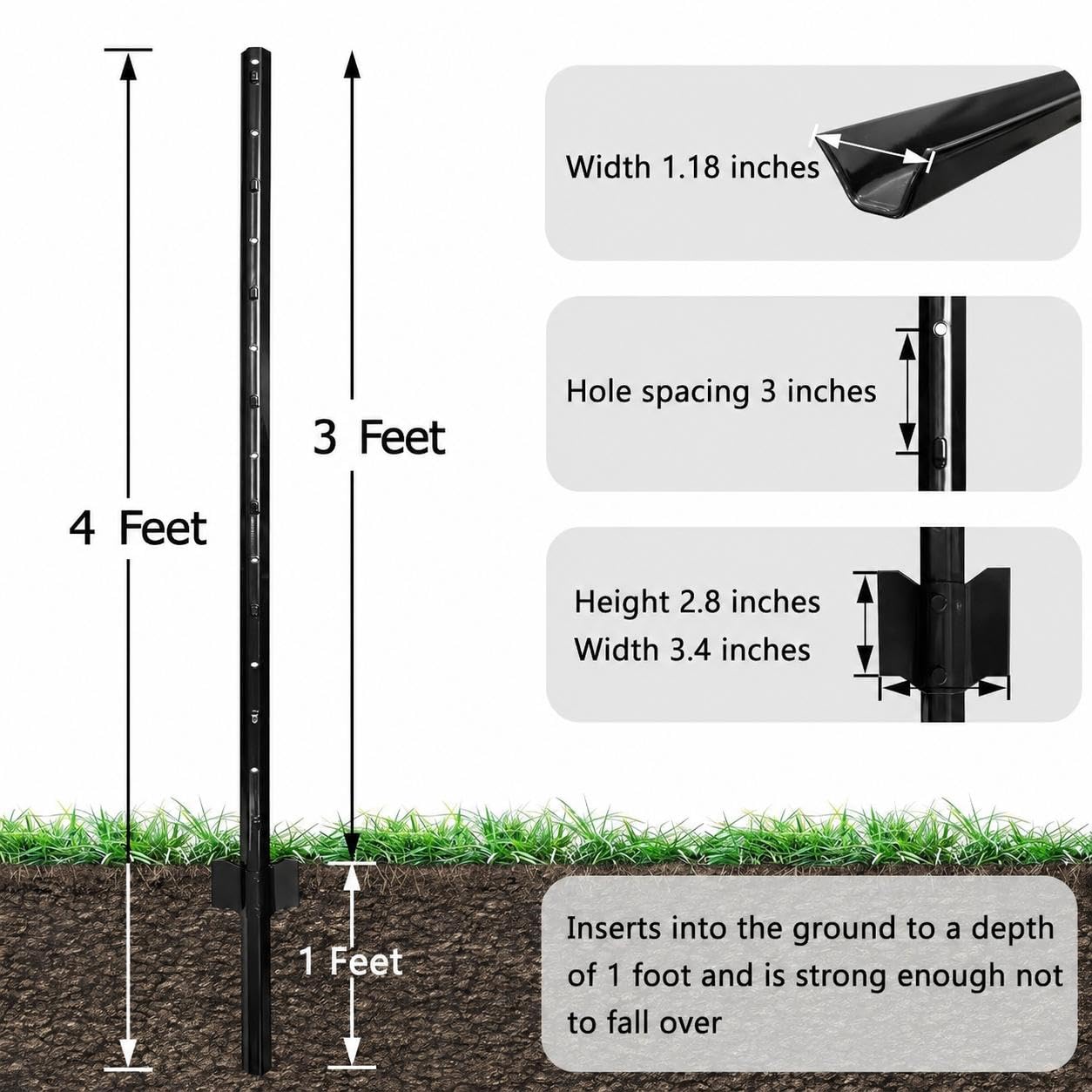 Garvee 4Ft U-Channel Metal Fence Posts, Heavy Duty Steel Garden Stakes with Anchor Plates for Outdoor Yard, Black, 10-Pack