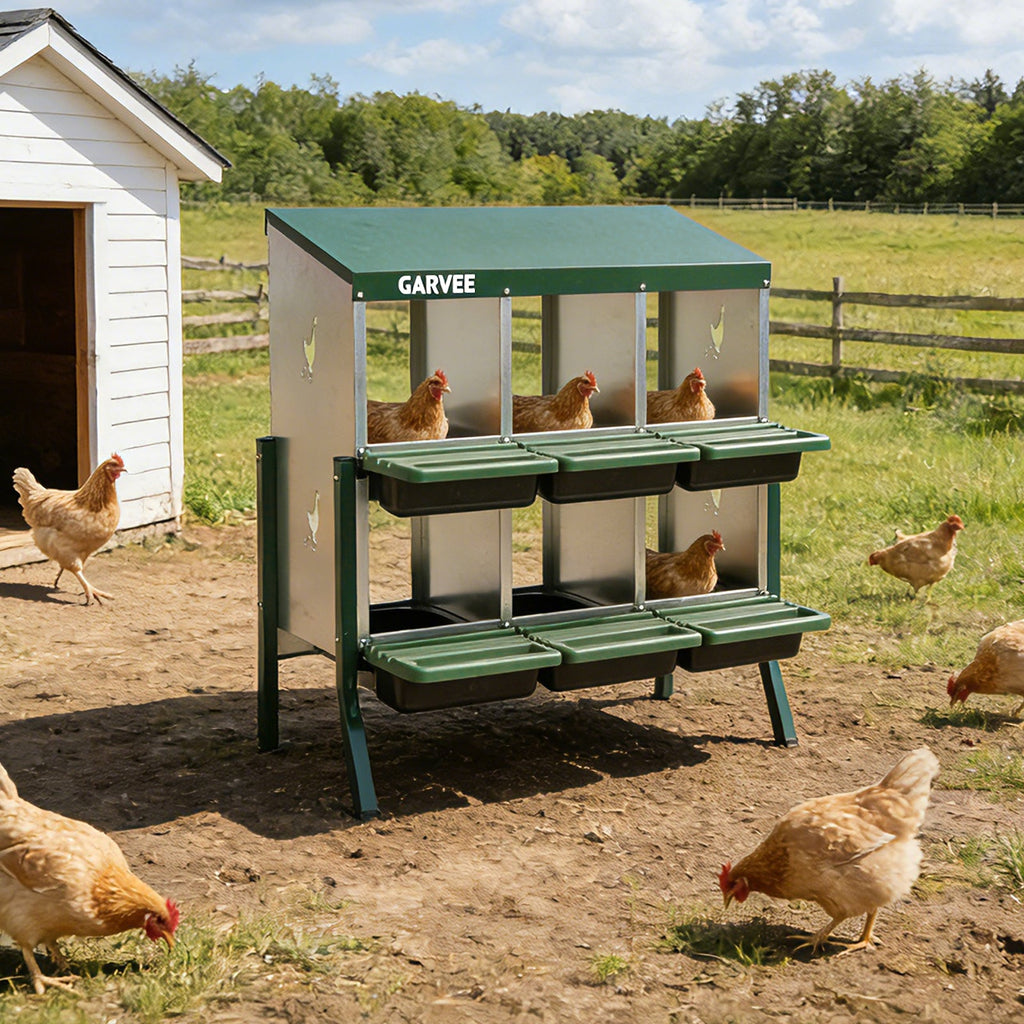 Garvee 6 Compartment Metal Chicken Nesting Box – Heavy Duty, Ventilated, Removable Tray & Perch, Easy Clean, Efficient Egg Collection for Hens, Ducks, Geese – Green with Chicken Design – Size: 6 Compartments, Color: Green (Side Chicken Design)