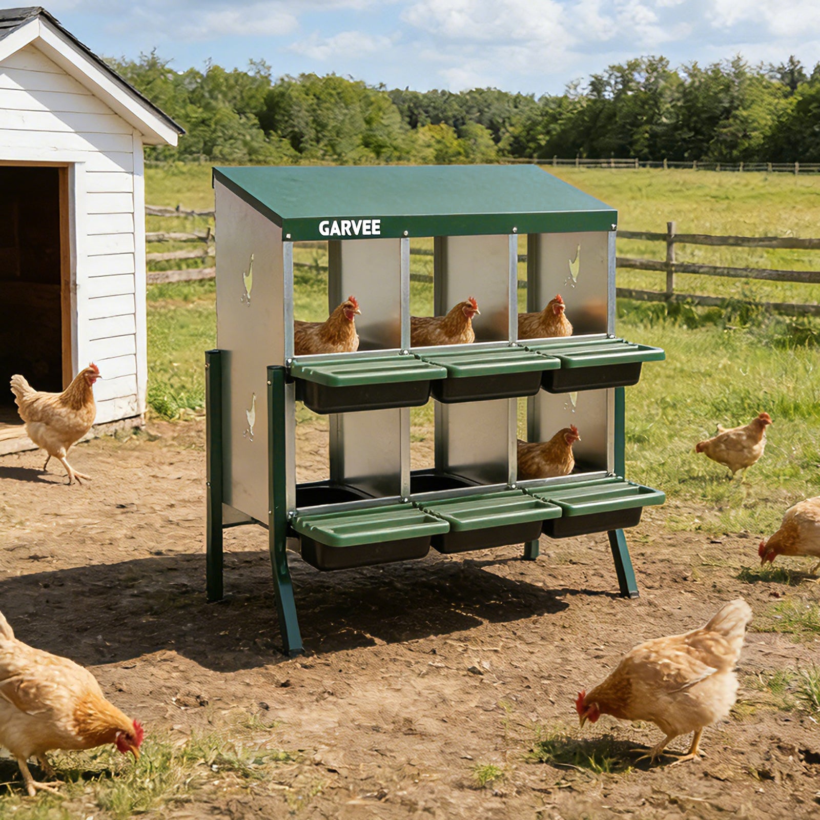 Garvee 6 Compartment Metal Chicken Nesting Box – Heavy Duty, Ventilated, Removable Tray & Perch, Easy Clean, Efficient Egg Collection for Hens, Ducks, Geese – Green with Chicken Design – Size: 6 Compartments, Color: Green (Side Chicken Design)