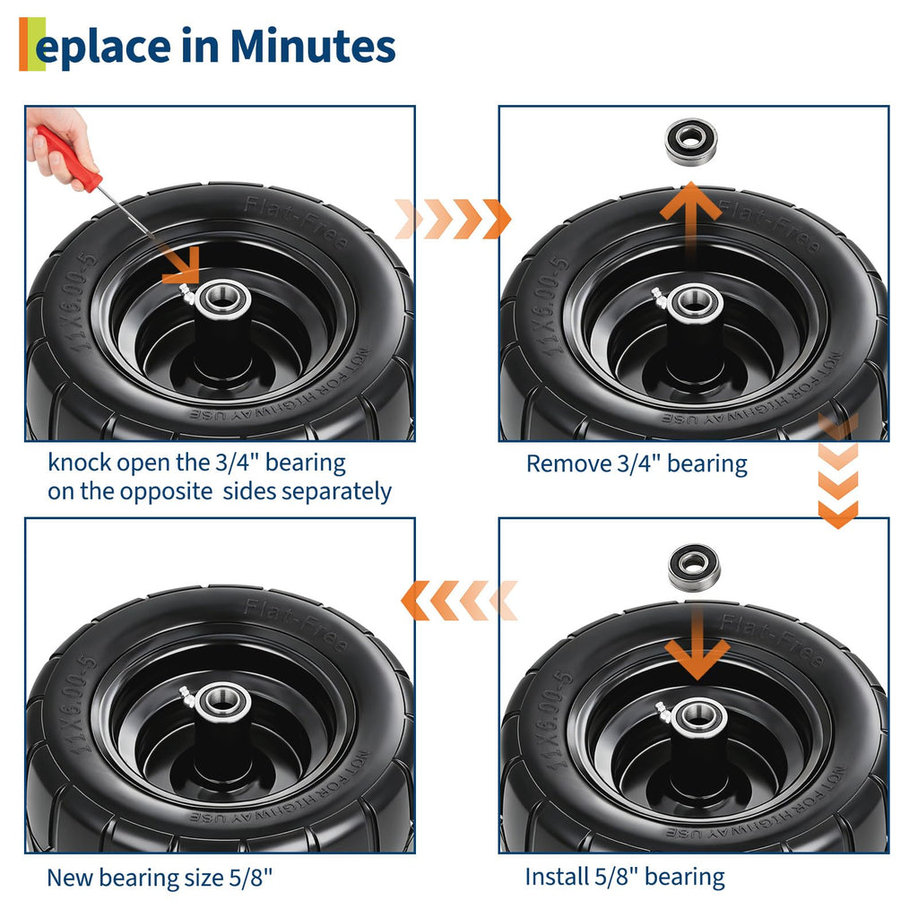 Garvee 2 Pack 11x6.00-5 Flat Free Lawn Mower Tire and Wheel, 353 lbs Load, Polyurethane, Puncture-Proof, 3/4" & 5/8" Bushings, Push Mowers & Garden Carts