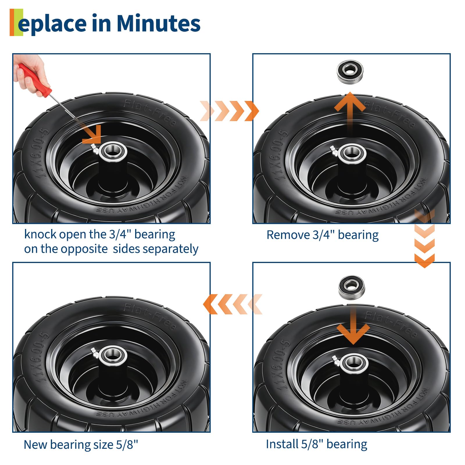 Garvee 2 Pack 11x6.00-5 Flat Free Lawn Mower Tire and Wheel, 353 lbs Load, Polyurethane, Puncture-Proof, 3/4" & 5/8" Bushings, Push Mowers & Garden Carts
