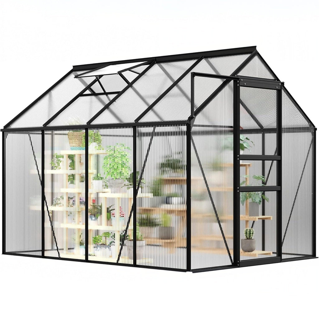 Garvee Large Polycarbonate Greenhouse for Outdoors - Durable Aluminum Frame, Sliding Lockable Door, Roof Vent, Ground Stakes - Ideal for Backyard, Patio, Lawn - 6x8 FT - Black Oxidation