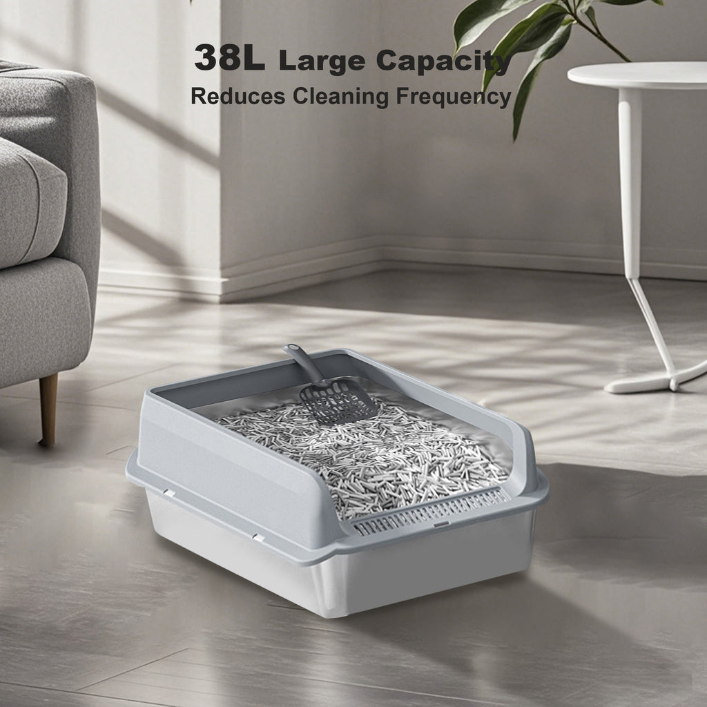 Garvee Stainless Steel Cat Litter Box with Lid, 23.6"x15.8"x11.8" Large Litter Box for Big Cats, Anti Leakage, Odor-Free & Easy Cleaning Metal Litter Pan Include Scoop, Non-Sticky with High Wall Sides-grey