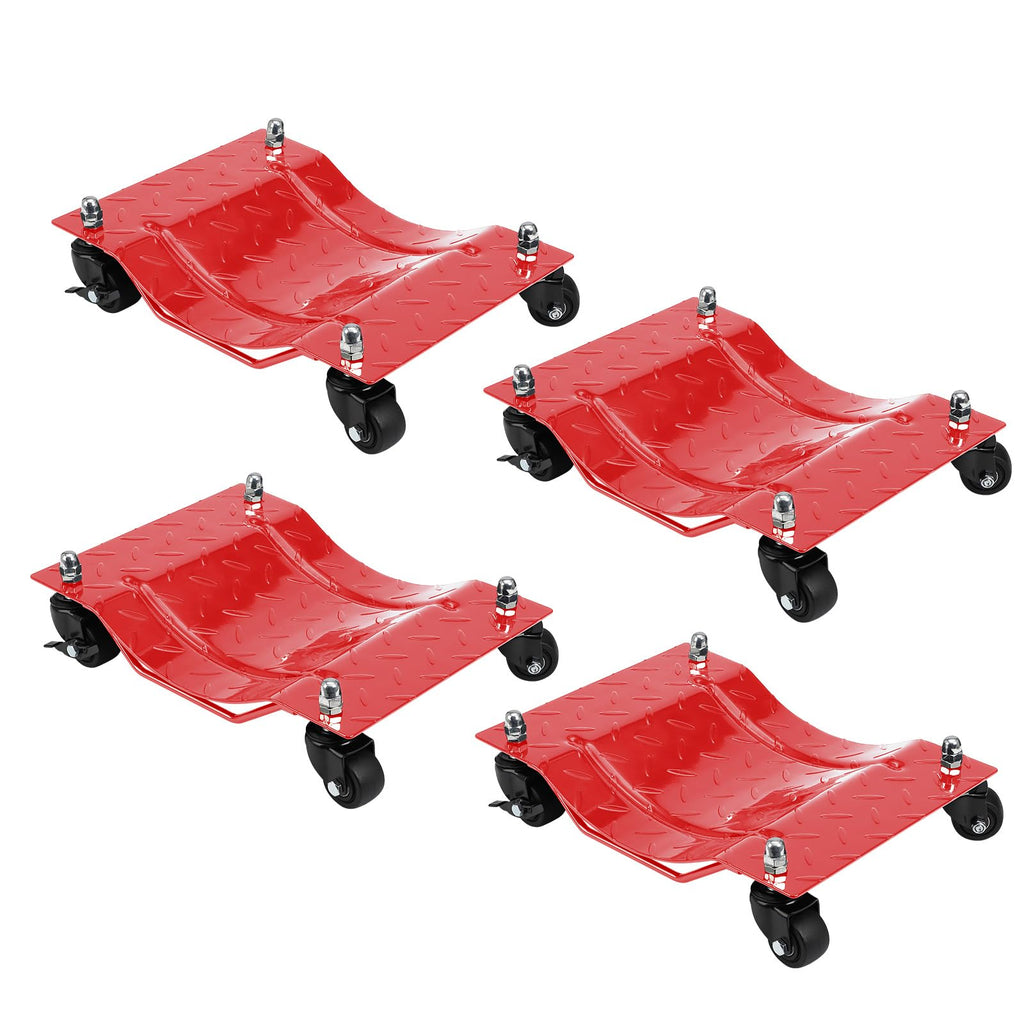 Garvee Upgraded Wheel Dolly Set of 4 - 6000LBS Capacity Vehicle Dollies with 360° Rotational Nylon Wheels, Steel Tire Skates with Brakes, 5mm Steel Plate for Moving Cars, Trucks, and Carts, Red