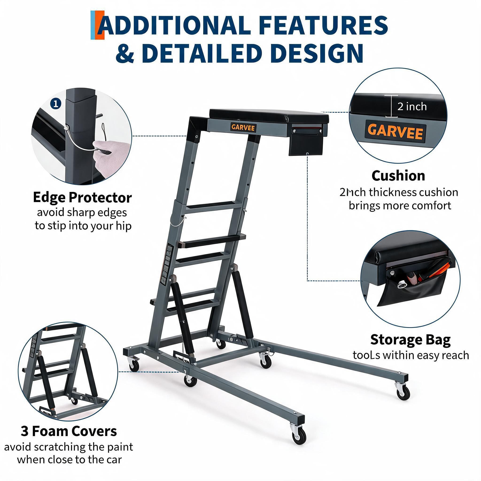 Garvee Heavy Duty Over-Engine Creeper for Mechanics – Adjustable Height 48-68 in, 400 lbs Capacity, Collapsible Design, 6 Swivel Casters, Garage Workshop Use – Industrial Grey (RAL 7016)