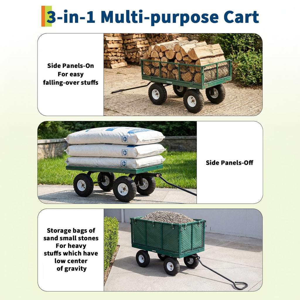 Garvee 800LBS Heavy Duty Steel Garden Cart Wagon with 10" Pneumatic Tires, Removable Mesh Sides, 180° Rotating Handle & Waterproof Bag, Utility Yard Trailer for Lawn, Garden & Farm, Green