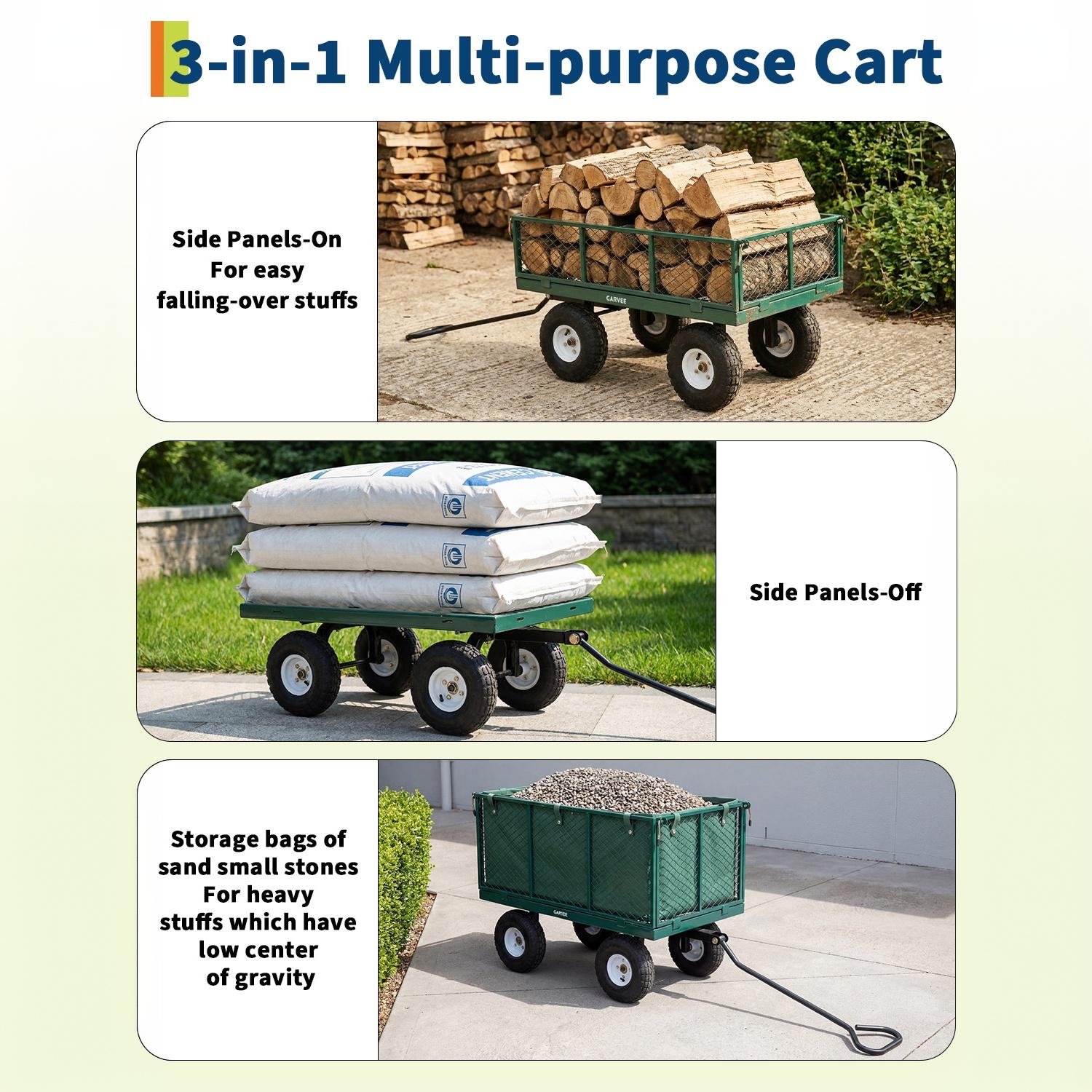Garvee 800LBS Heavy Duty Steel Garden Cart Wagon with 10" Pneumatic Tires, Removable Mesh Sides, 180° Rotating Handle & Waterproof Bag, Utility Yard Trailer for Lawn, Garden & Farm, Green