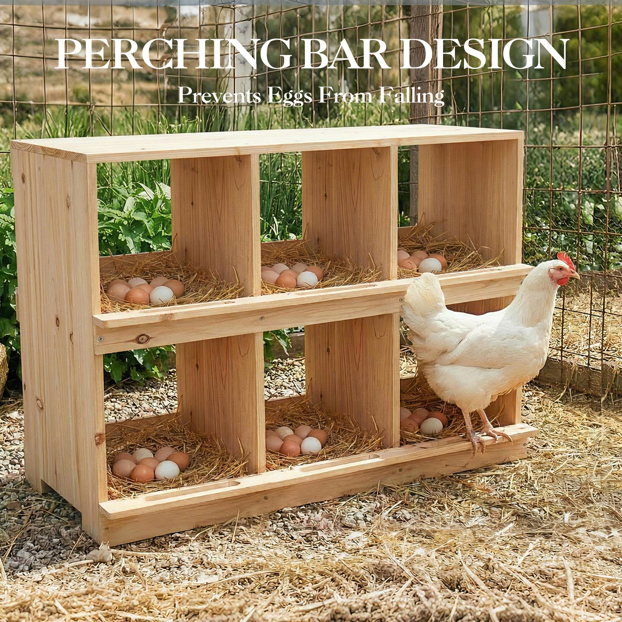 Garvee Double-Tier Wooden Chicken Nesting Box – Wall-Mounted or Floor-Standing, Six Compartments, Roll-Away Egg Collection, Perch, Sun-Resistant for Backyard Poultry Coops and Farms, 6-Compartment Double Layer