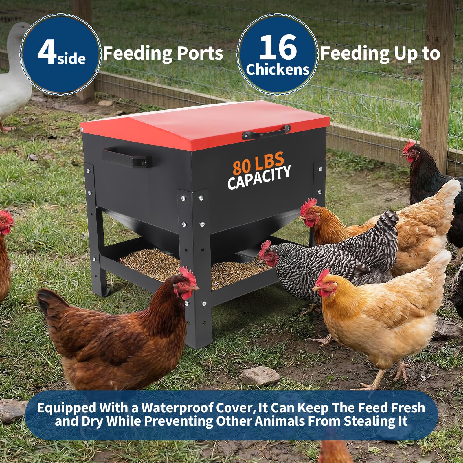Garvee Metal Chicken Feeding Box, 80 lbs Large Capacity, Portable Galvanized Steel Feeder, Waterproof Lid, No Waste Automatic Poultry Feeder for Ducks, Hens and Roosters, Standing for Chicken Coop, Red
