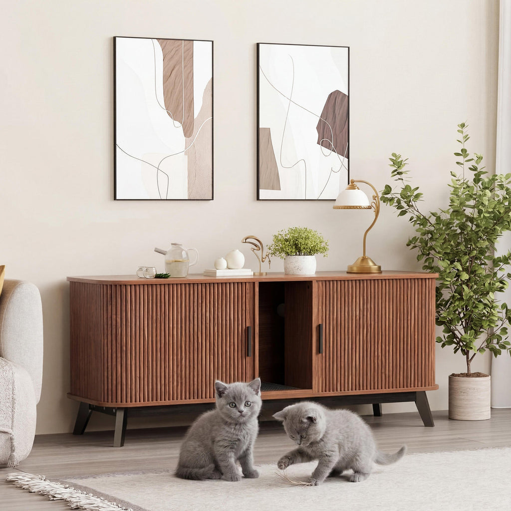Garvee Multi-Functional Cat Litter Box Enclosure for 2 Cats, 59" Large Wooden Pet House - Hidden Litter Box Furniture - Sliding Door Access - Cat Litter Mat Included - TV Stand Side Table - Color: Walnut