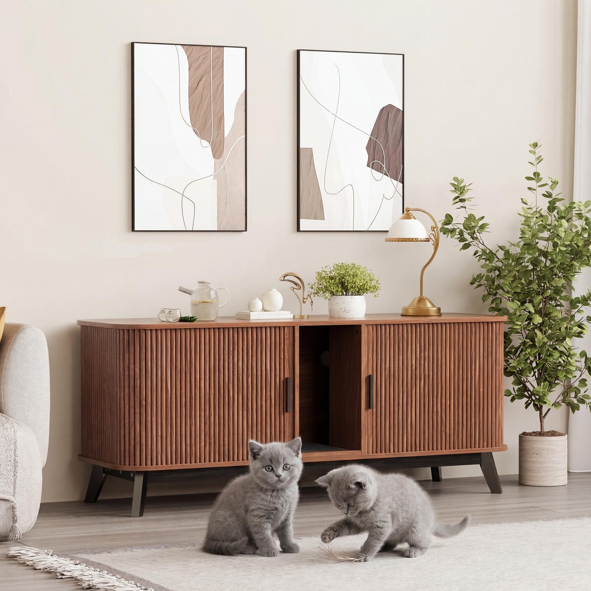 Garvee Multi-Functional Cat Litter Box Enclosure for 2 Cats, 59" Large Wooden Pet House - Hidden Litter Box Furniture - Sliding Door Access - Cat Litter Mat Included - TV Stand Side Table - Color: Walnut