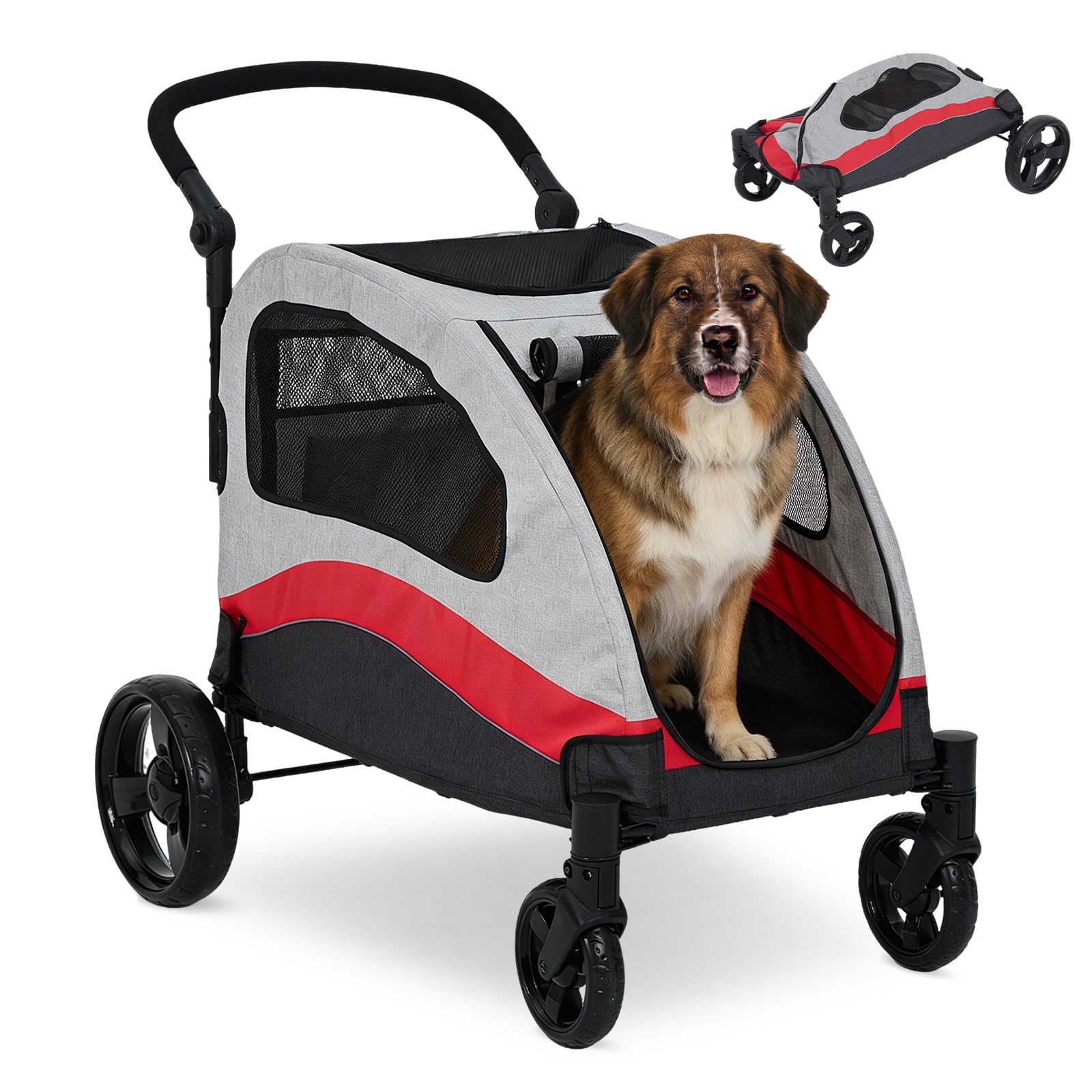 Garvee Foldable Dog Stroller, Large Dog Carrier with 360° Wheels, Adjustable Handle & Storage Pocket, Portable Puppy Travel Strollers, Pet Wagon for Large Dogs, 135 Lbs Capacity, Red