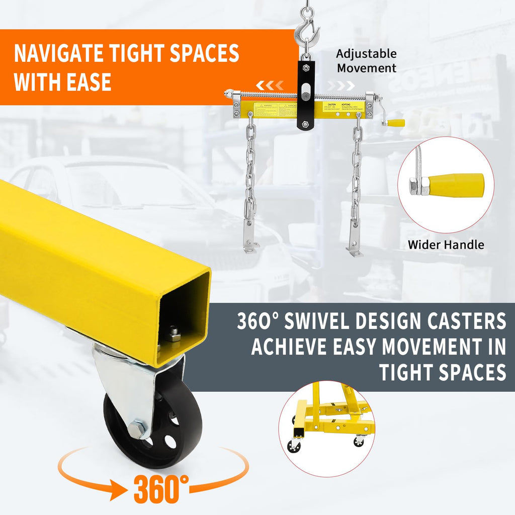 Garvee Heavy Duty 2 Ton Folding Hydraulic Engine Hoist - 4400 lbs Capacity Cherry Picker Crane with Load Leveler - 6 Swivel Wheels - Adjustable Boom (0.5T-2T) for Garage, Workshop, Warehouse - Yellow with leveler