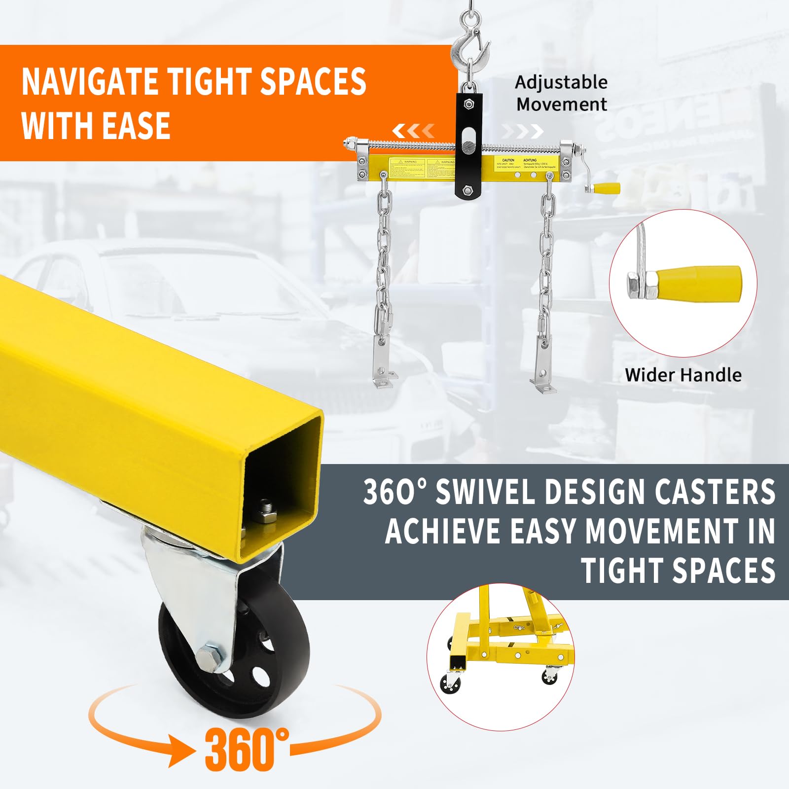 Garvee Heavy Duty 2 Ton Folding Hydraulic Engine Hoist - 4400 lbs Capacity Cherry Picker Crane with Load Leveler - 6 Swivel Wheels - Adjustable Boom (0.5T-2T) for Garage, Workshop, Warehouse - Yellow with leveler