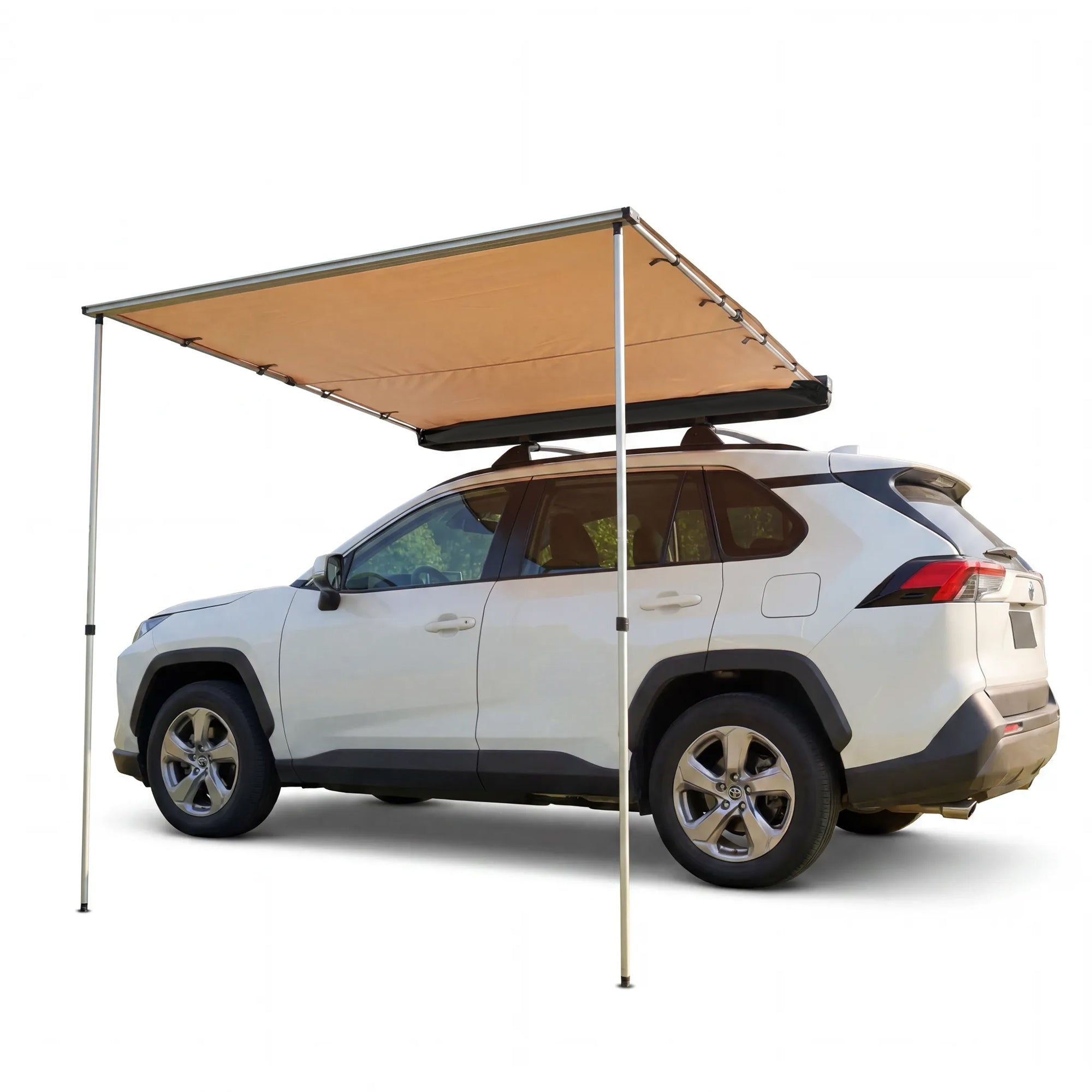 Garvee SUV Truck Van Roof Rack Awning - Retractable Side Sun Shade, UV50+ 600D Oxford Waterproof Canopy, Height Adjustable Poles, Outdoor Camping Shelter with Storage Bag, 150x200cm, Khaki