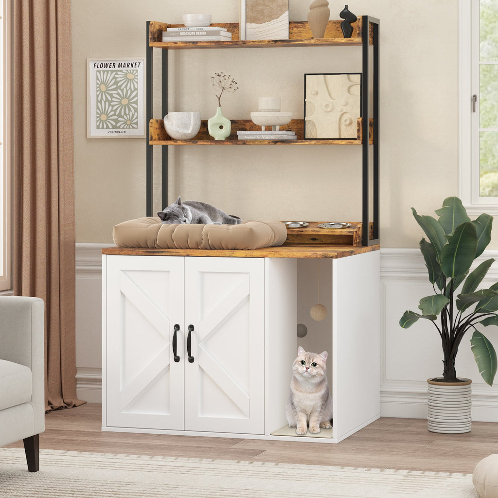 Garvee 55" H Cat Litter Box Enclosure Hidden Litter Box Furniture, Wooden Cat House with 2 Storage Shelves and Charging Sockets, Large Indoor Cabinet for Living Room Entryway, White