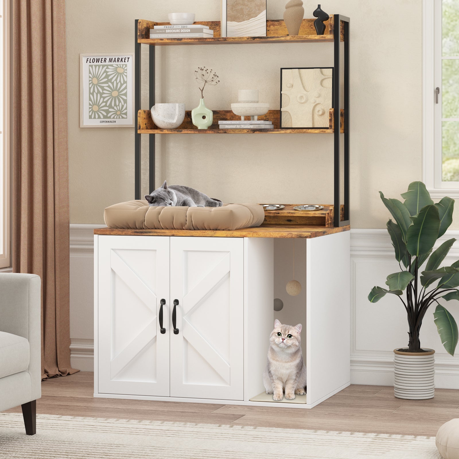 Garvee 55" H Cat Litter Box Enclosure Hidden Litter Box Furniture, Wooden Cat House with 2 Storage Shelves and Charging Sockets, Large Indoor Cabinet for Living Room Entryway, White
