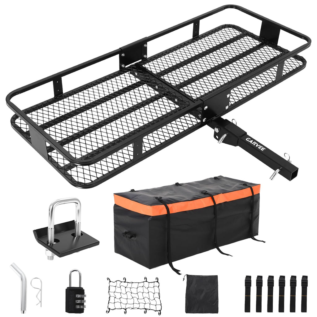 Garvee 60"x24"x6" Folding Hitch Mount Cargo Carrier Basket with 25 Cubic Feet Waterproof Cargo Bag (60" x 24" x 31") - 500 lbs Capacity, Folding Arm, Hitch Stabilizer, Net, and Straps