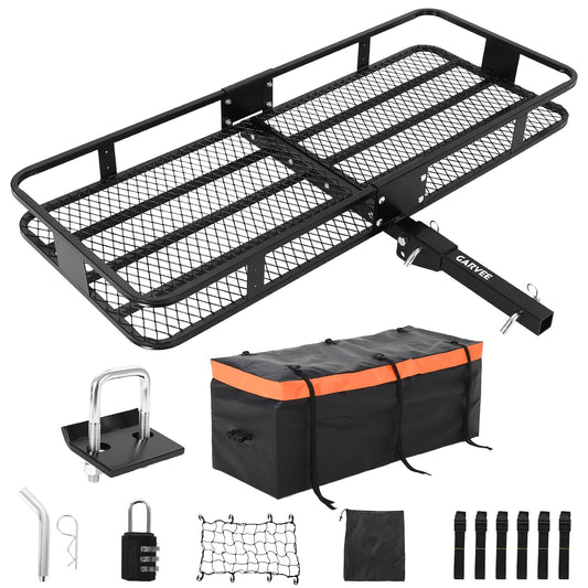Garvee 60"x24"x6" Folding Hitch Mount Cargo Carrier Basket with 25 Cubic Feet Waterproof Cargo Bag (60" x 24" x 31") - 500 lbs Capacity, Folding Arm, Hitch Stabilizer, Net, and Straps