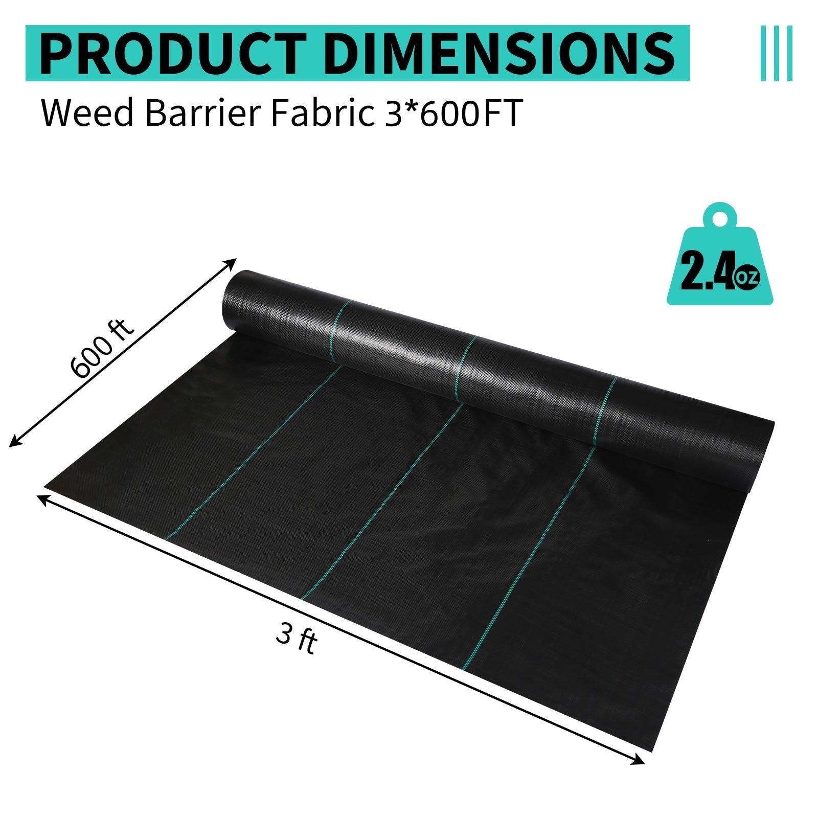 Garvee Weed Barrier Fabric, 2.4 OZ 3 x 600 FT Heavy-Duty Woven Landscape Ground Cover for Garden Beds, Paths and Weed Control