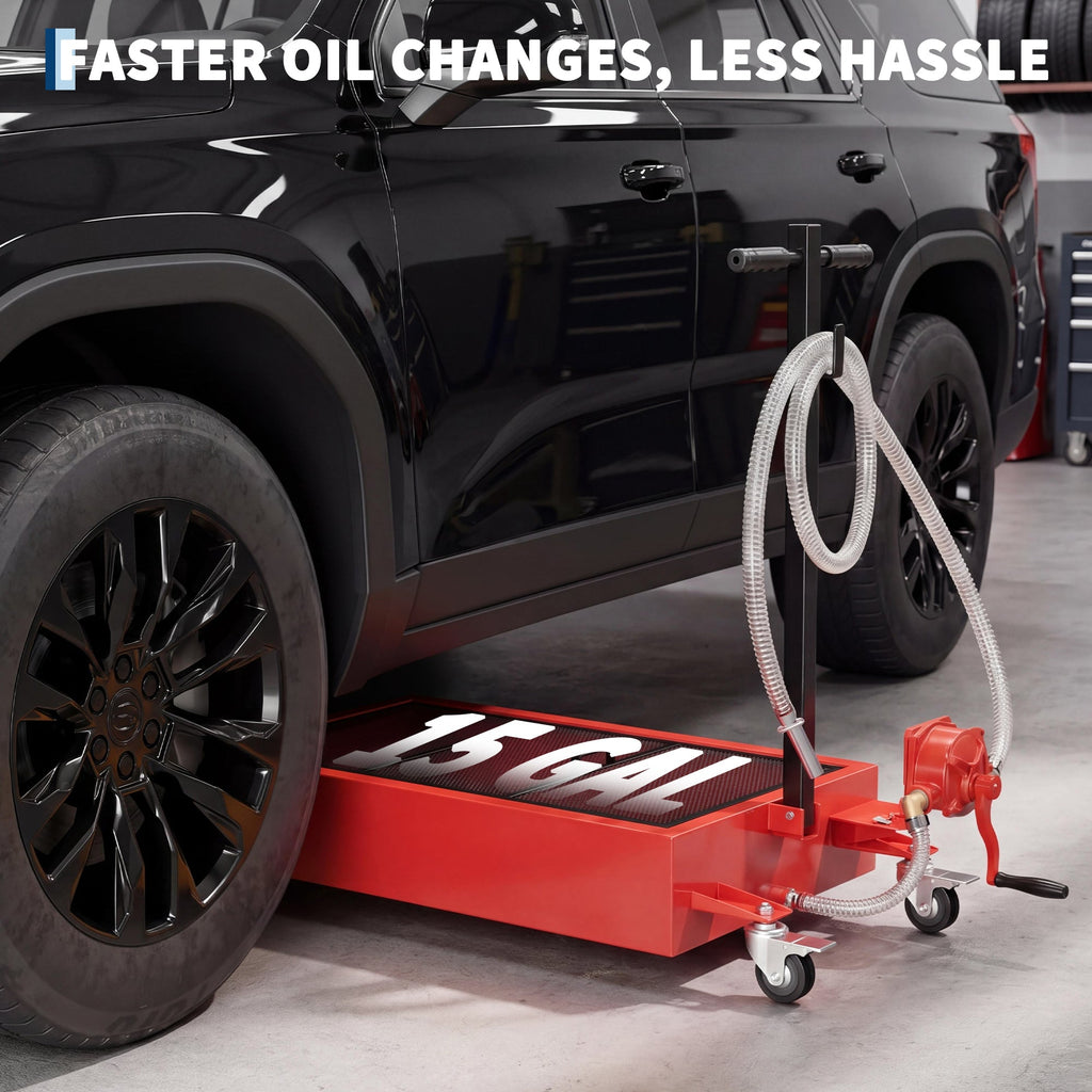 Garvee Heavy Duty Low Profile Oil Drain Pan with Manual Pump – 15 Gallons – 8 ft Hose, Collapsible T-Handle, Rolling Cart, Lockable Swivel Casters – Leak-Proof Waste Oil Container for Cars, Trucks, SUVs – Waistline Version, Red