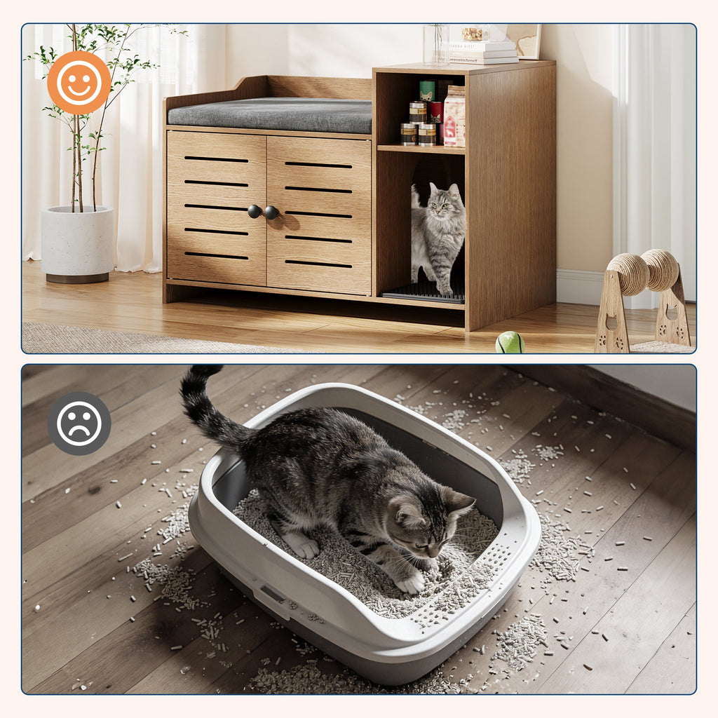 Garvee Cat Litter Box Enclosure, Hidden Litter Box Furniture with Litter Mat & Storage Shelf, Farmhouse Indoor Cat House Cabinet for Hallway, Bedroom, Oak