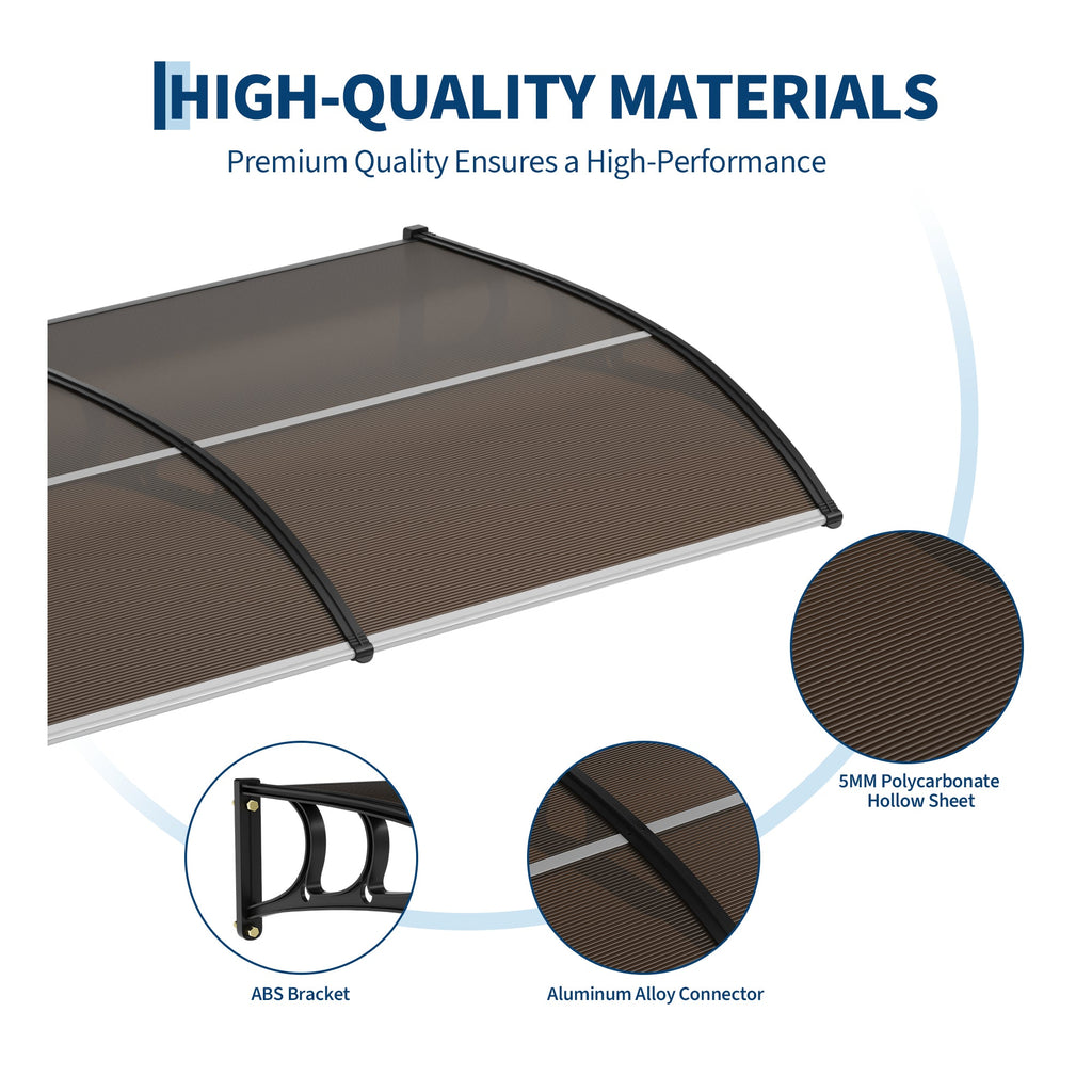 Garvee 40" X 120" Heavy-Duty Outdoor Door Awning Canopy - Polycarbonate Cover, UV/Rain/Snow/Sun Protection, Plastic Steel Brackets, Brown Shelter