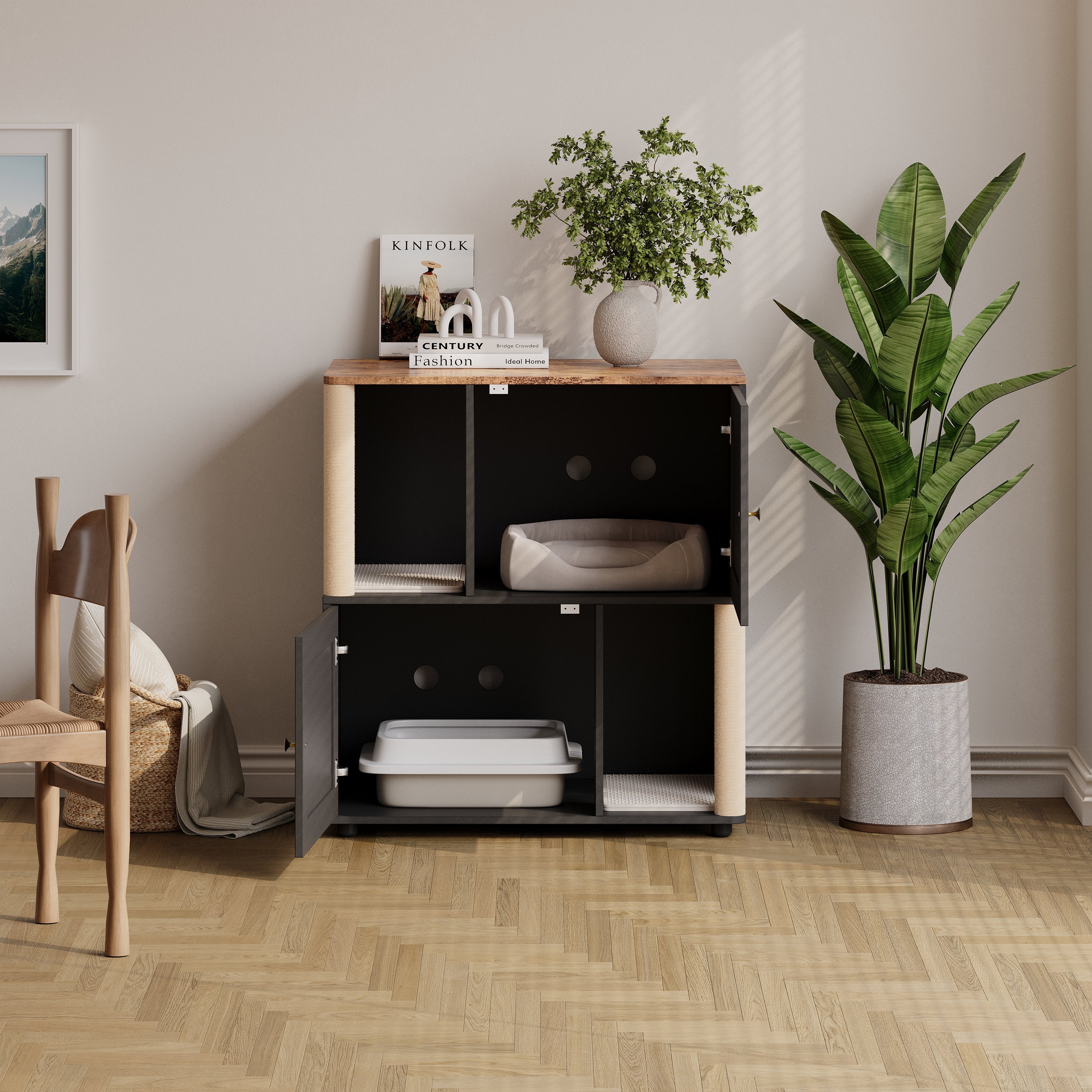 Garvee Double Cat Litter Box Enclosure Furniture for 2 Cats – 2-Tier Modern Wooden Cabinet with Hidden Litter, Sisal Marking Posts, Dual Mats, Odor Control, End Table Storage – Grooved Black Door