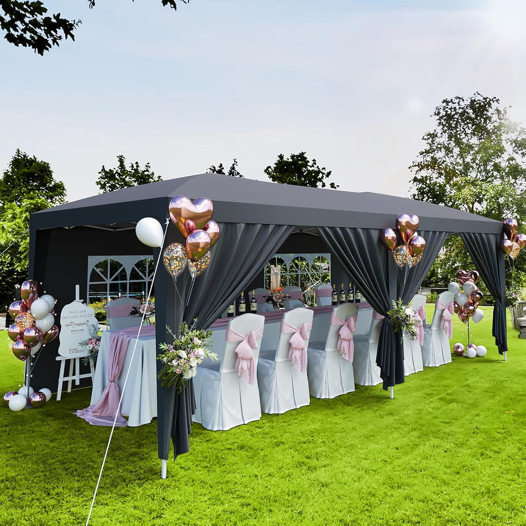 Garvee 10x20 ft Pop Up Canopy Tent, Heavy Duty Steel Frame Outdoor Shelter with 6 Removable Sidewalls, 3 Heights, UPF 50+ Waterproof 210D Oxford Cover, Dark Gray