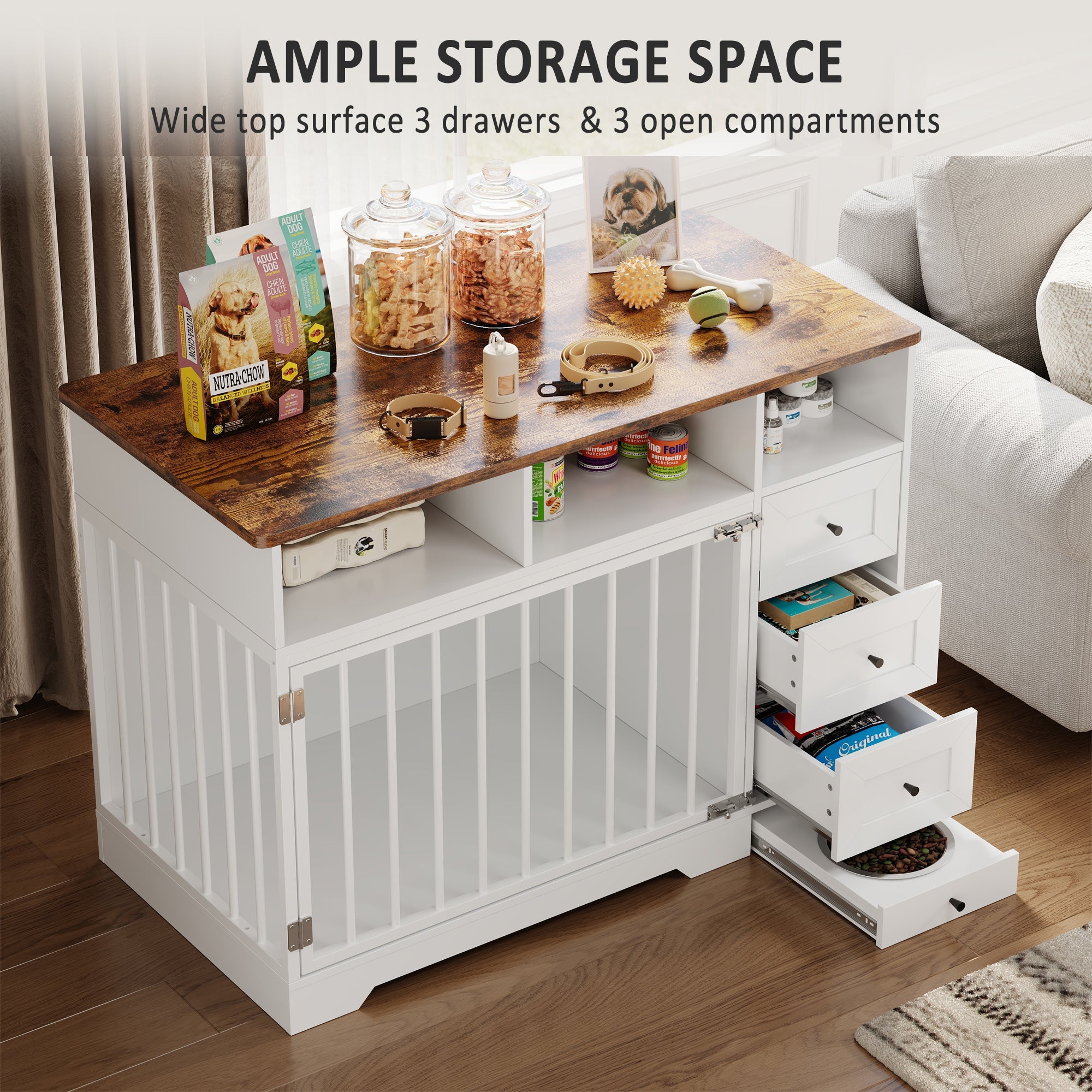Garvee 48" Dog Crate Furniture with Bowls, Heavy Duty Dog Kennel End Table with 3 Storage Drawers, Locking Door, Farmhouse Style Pet Crate Cabinet for Medium Small Dogs, White