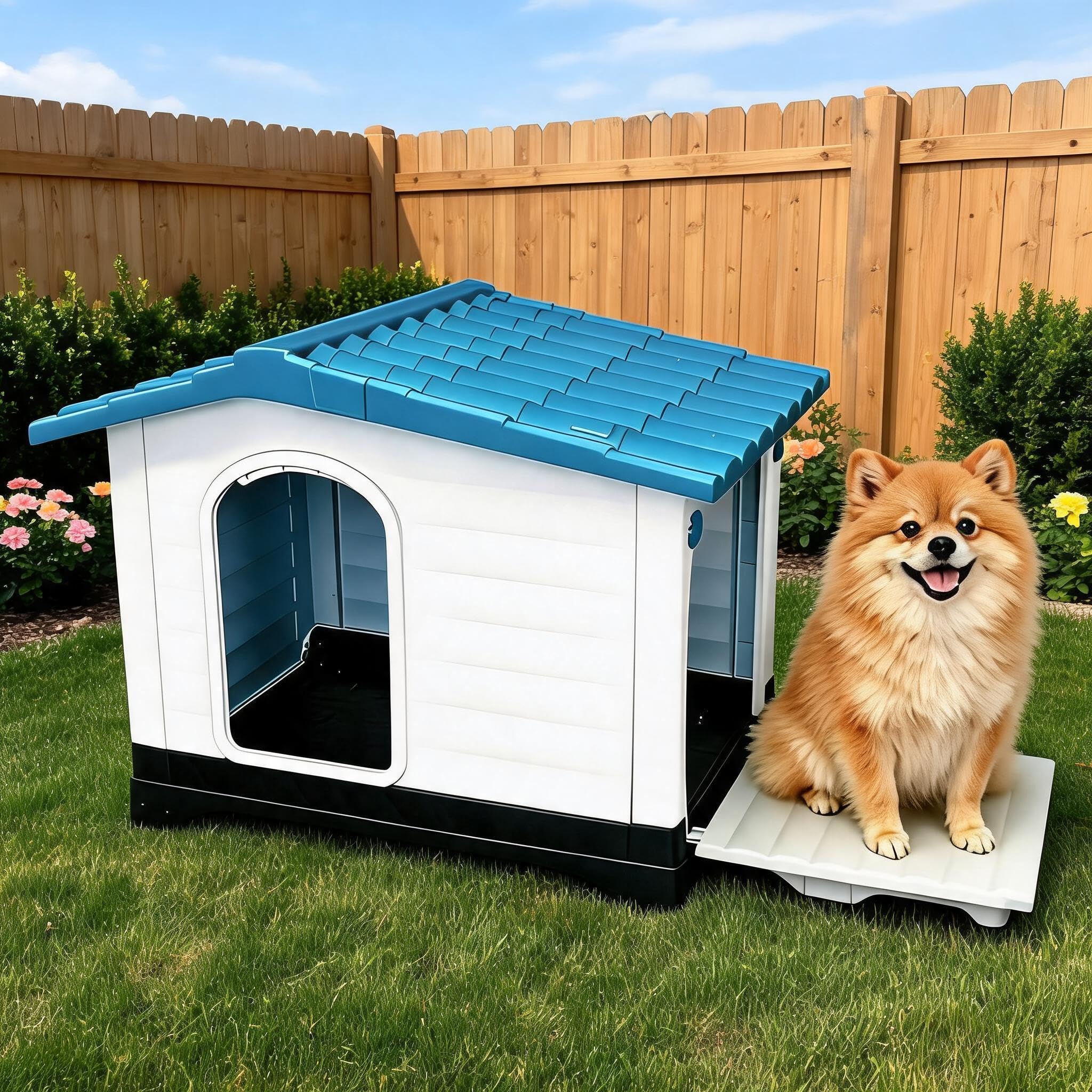 Garvee 2-Door Small Dog House for Indoor and Outdoor Dog House with Fold-Out Porch Elevated Base, Waterproof Pet House for Small and Medium Dogs, Easy Assembly, Blue (31''L x 21''W x 26''H)