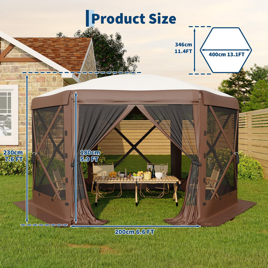 Garvee 13x13 ft Screen Tent with 6 Wind Panels - Instant Setup Outdoor Canopy, Wind & Rain Resistant Shelter with Full Mesh Walls for Camping, Backyard and Garden,Khaki