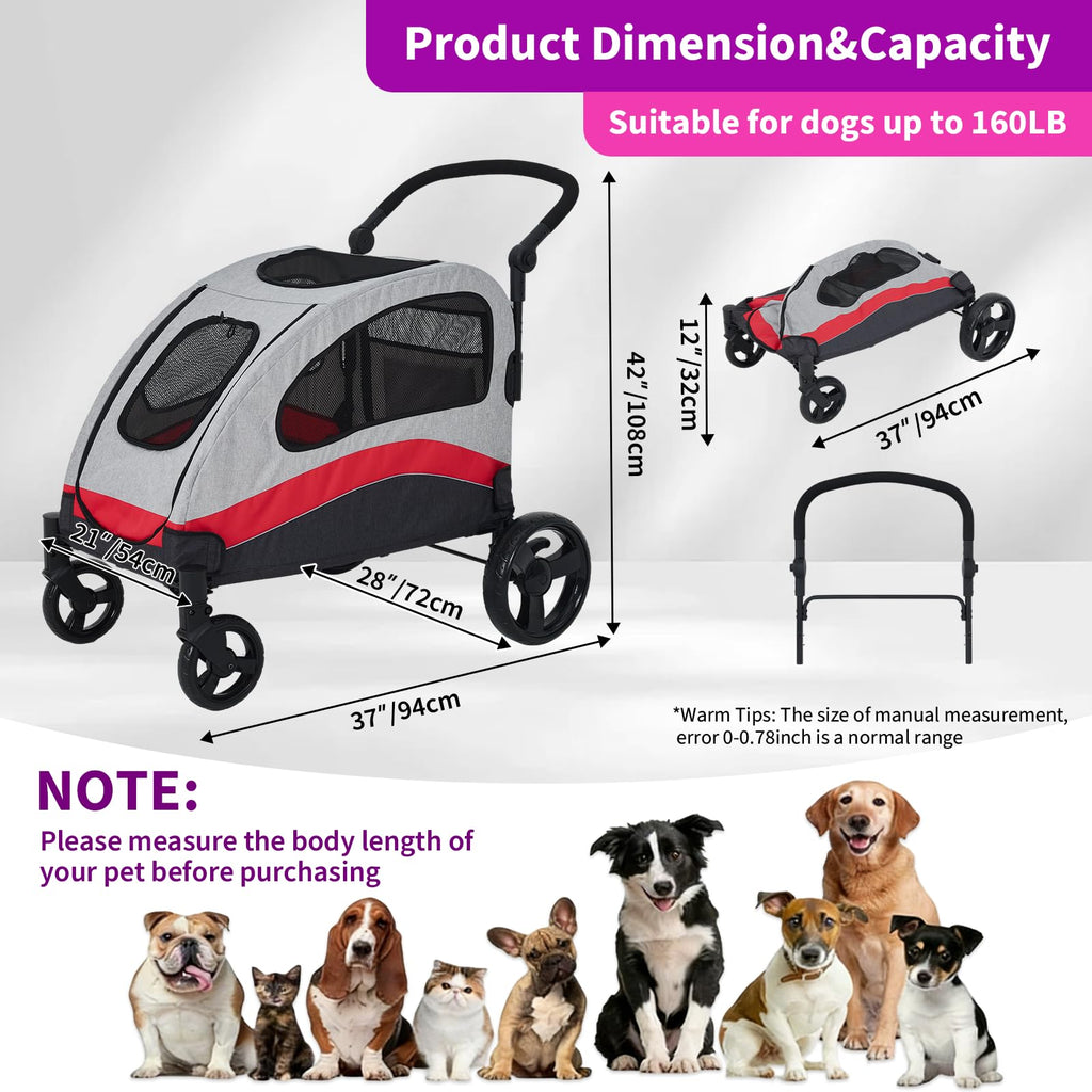 Garvee Foldable Dog Stroller, Large Dog Carrier with 360° Wheels, Adjustable Handle & Storage Pocket, Portable Puppy Travel Strollers, Pet Wagon for Large Dogs, 135 Lbs Capacity, Red