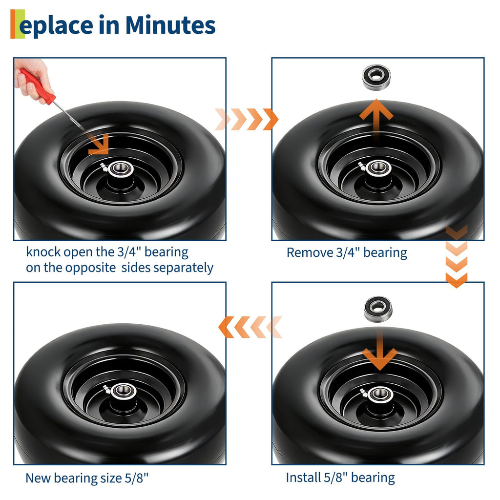 Garvee 11x4.00-5 Flat Free Lawn Mower Tire and Wheel with 3/4" Bushing, 299 LBS Capacity, PU Foam, 3.4" Hub, 5/8" 1/2" Adapter, Garden Cart Use