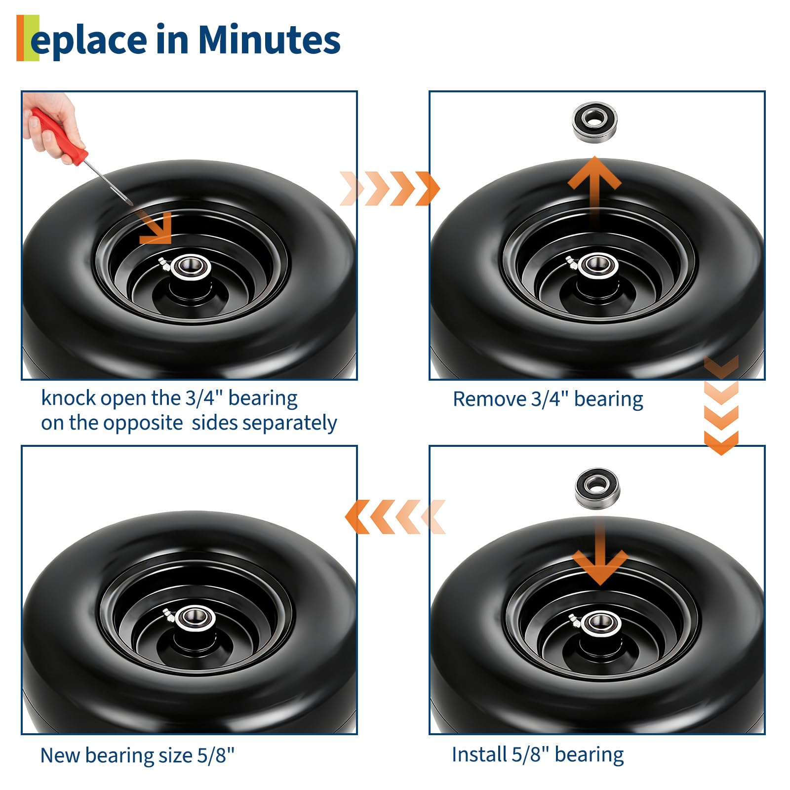 Garvee 11x4.00-5 Flat Free Lawn Mower Tire and Wheel with 3/4" Bushing, 299 LBS Capacity, PU Foam, 3.4" Hub, 5/8" 1/2" Adapter, Garden Cart Use