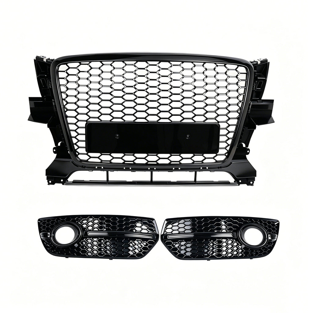 Garvee Sporty Honeycomb Front Center Grille with Fog Light Bezels for Audi Q5 2009-2012 – Glossy Black ABS – Bumper Guard – No Logo – Lightweight, Durable – Professional Installation – Color: Bright Black