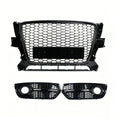 Garvee Sporty Honeycomb Front Center Grille with Fog Light Bezels for Audi Q5 2009-2012 – Glossy Black ABS – Bumper Guard – No Logo – Lightweight, Durable – Professional Installation – Color: Bright Black