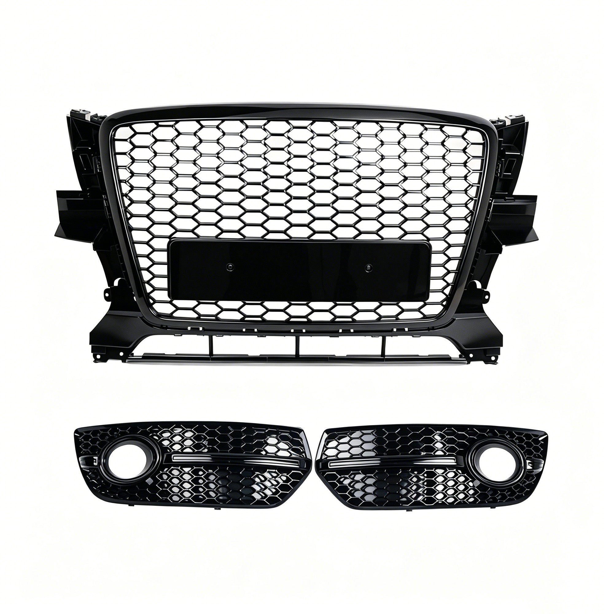 Garvee Sporty Honeycomb Front Center Grille with Fog Light Bezels for Audi Q5 2009-2012 – Glossy Black ABS – Bumper Guard – No Logo – Lightweight, Durable – Professional Installation – Color: Bright Black
