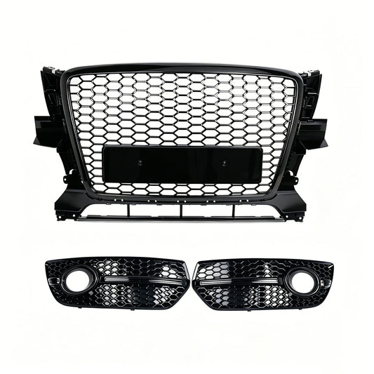 Garvee Sporty Honeycomb Front Center Grille with Fog Light Bezels for Audi Q5 2009-2012 – Glossy Black ABS – Bumper Guard – No Logo – Lightweight, Durable – Professional Installation – Color: Bright Black
