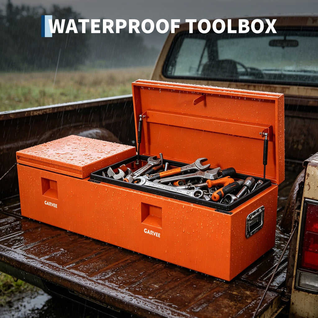 Garvee 48"X16"X14" Heavy Duty Steel Truck Bed Tool Box – Double Lid, Grooved Weatherproof Metal Chest with T-Handle & Side Handle, Durable Organizer for Pickup Truck, RV, Trailer, Front Double, Orange