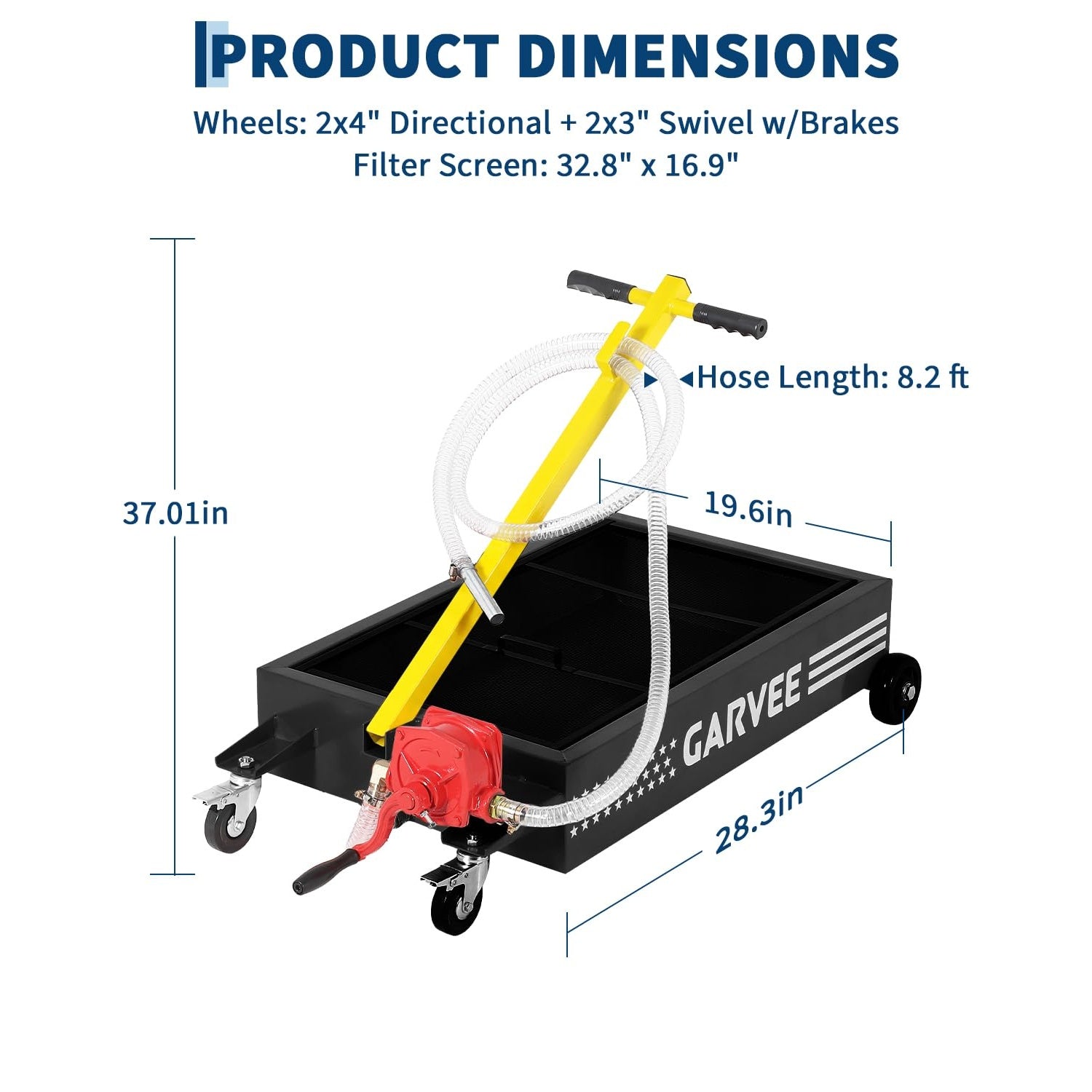 Garvee Heavy Duty Manual Oil Drain Pan Cart – 15 Gallon Low Profile Steel Reservoir, 8 Ft Hose, Folding Handle, Ideal for Trucks and Vehicles – Waistline Version | Black | Manual | 15 Gallons | 8 Feet Hose