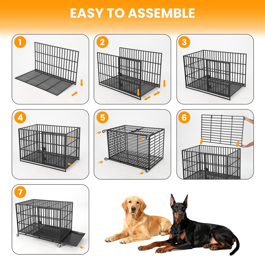 Garvee Heavy Duty Escape-Proof Dog Crate 49", Indestructible Metal Dog Kennel for Large Dogs, 3-Door Locking Design, Removable Tray & Wheels, Indoor Cage, Black